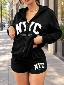 Unisex Plus Size Teen Hoodie Zip-Up Sweatshirt + Casual Shorts 2-Piece Set, Simple Graphic Print, Autumn/Winter Outfit, Comfortable Skin-Friendly Top - Black - View 1