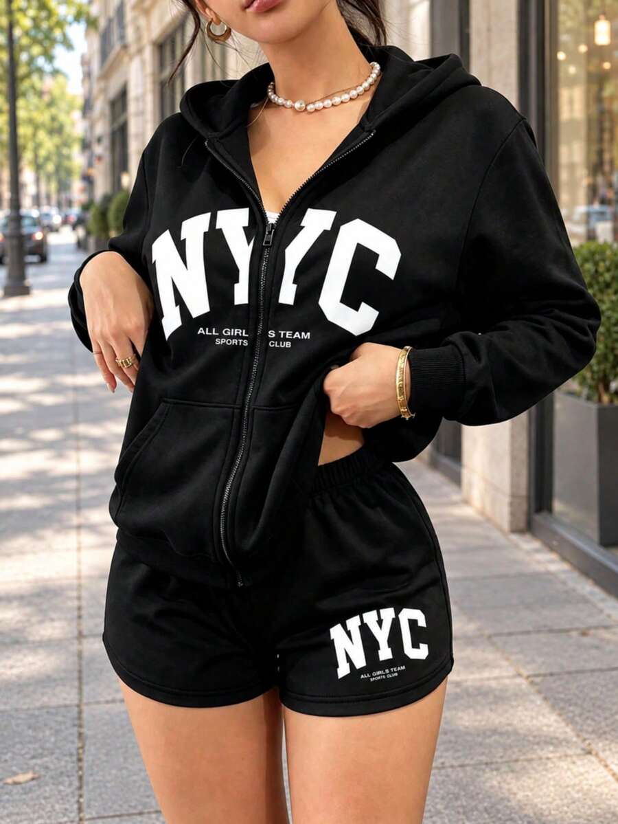 Unisex Plus Size Teen Hoodie Zip-Up Sweatshirt + Casual Shorts 2-Piece Set, Simple Graphic Print, Autumn/Winter Outfit, Comfortable Skin-Friendly Top - Black - View 1
