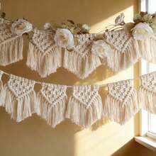 1pc Macrame Wall Hanging Bohemian Style Wall Decor Tapestry Handmade Woven Short Tassel Fiber Art Wall Hanging Bed Headboard Background Wall Decor - Beige - View 10