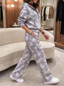 Autumn Fashion Women's Casual Hooded Zip-Up Jacket 2 Pieces Set, Leaf Print, Slightly Elastic Fabric, With Pockets, Suitable For LDW, Halloween, Weekend, , Game Day, Christmas Outfit, Thick Thighs, Saves Lives, Autumn Must-Have Recommendation - Light Grey - View 6