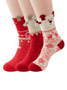 6 Pairs Women's Christmas Santa, Snowman, Reindeer Red Mid-Calf Socks, Suitable For Christmas Outfit - Multicolor - View 2