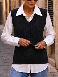 NZZOF V-Neck Versatile Knit Sleeveless Sweater Vest, Solid Color Casual Autumn/Winter Knit Vest (No Lining) - Black - View 4