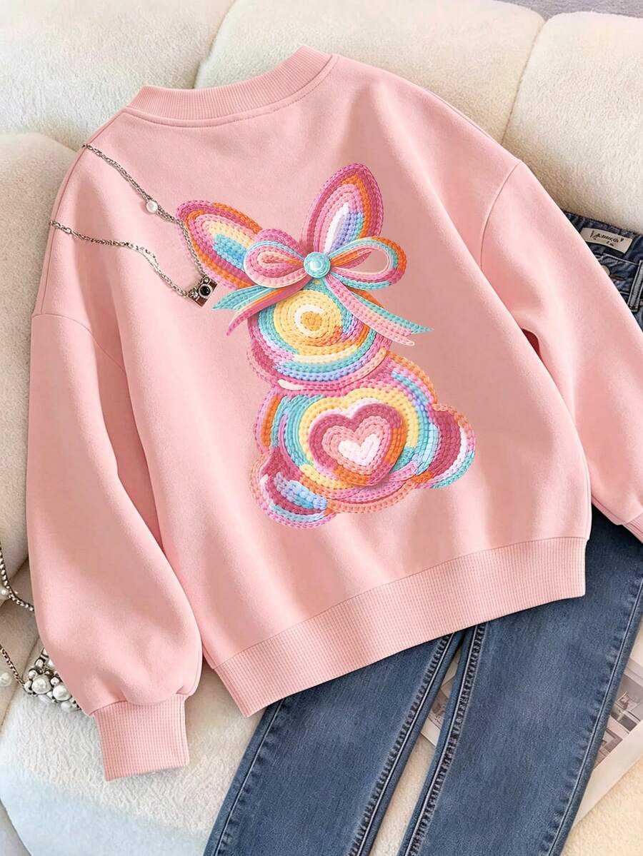 Big Girls' Casual Sweatshirt, Fashionable Rainbow Rabbit Bow Pattern Long Sleeve Top, Suitable For Spring And Autumn - Pink - View 1