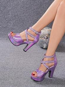 Women's Ultra High Heel Sandals Summer New Style Chunky Heel High Platform Thick Sole Dance Runway Fashion Shoes - Lilac Purple - View 2