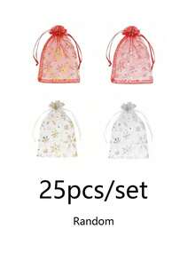 100件/50件/組聖誕雪花印花歐根紗抽繩禮品袋，紅銀色網紗收納袋，聖誕派對伴手禮包裝袋 - 彩色 - 查看 13