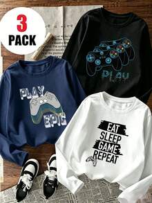 3pcs-Tween Boy Casual Fun Graphic Print Crew Neck Pullover Long Sleeve T-Shirt Autumn/Winter Top - Black - View 1