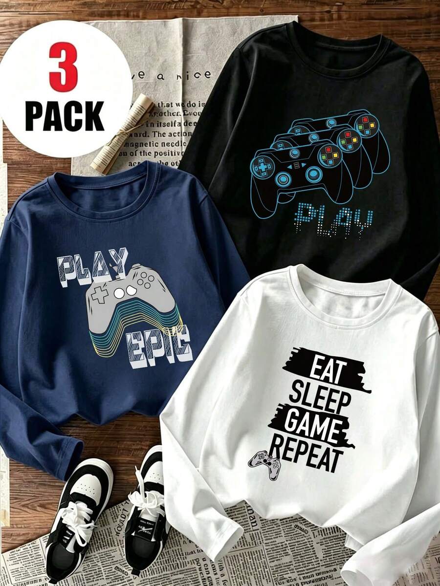 3pcs-Tween Boy Casual Fun Graphic Print Crew Neck Pullover Long Sleeve T-Shirt Autumn/Winter Top - Black - View 1