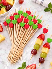 200/100pcs/Christmas Bamboo Skewers, 4.7 Inch Heart-Shaped Bamboo Toothpicks (Red, Green) - Used For Decorating Appetizers, Perfect For Winter, Birthday, Wedding, Cake Party And Fruit Decoration - Multicolor - View 2