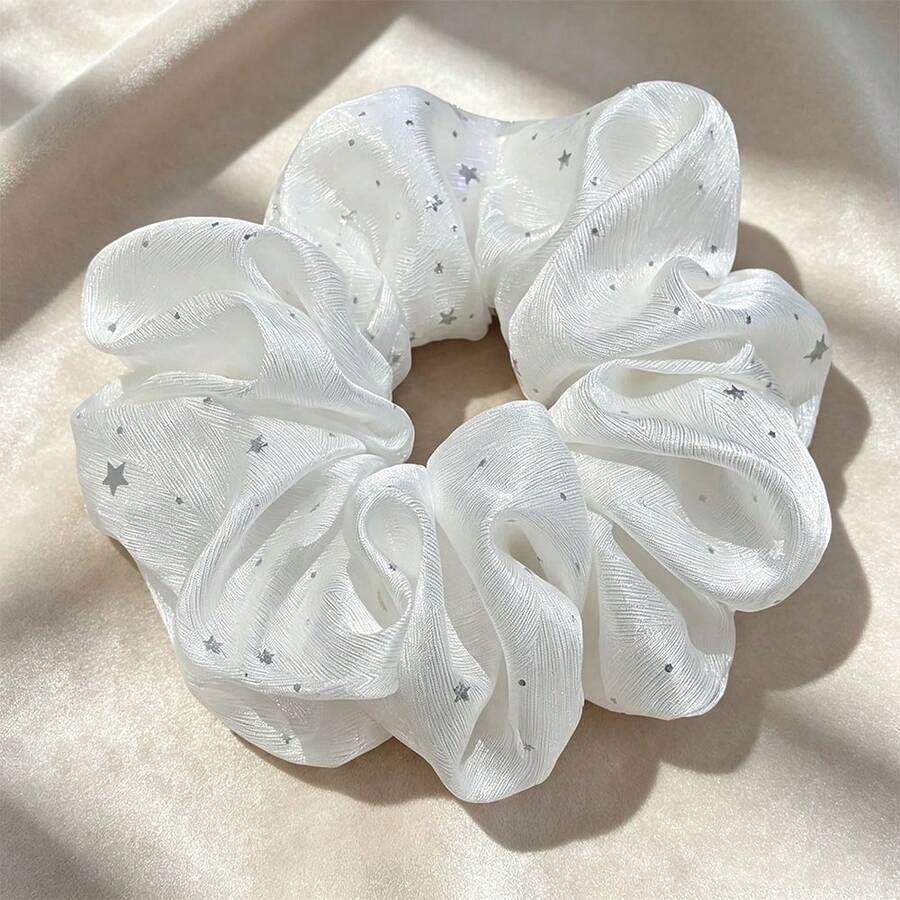 1pc White Satin Scrunchie With Polka Dot Pattern, Shiny Elegant Hair Accessory For Loose Ponytail, Autumn