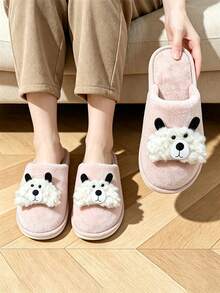 Women's Cute Cartoon Dog Plush House Slippers, Warm Indoor Slippers, Cozy Winter Slip-On Home Slippers - Style a - Pink - View 1