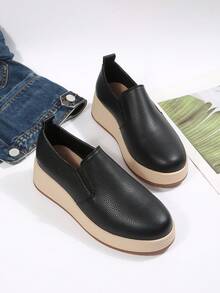 Women's Faux Rope Wedge Platform Round Toe Slip-On Loafers, Comfortable Daily Commute Home Shoes - Black - View 4