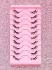 10 Pairs Natural Thin Lightweight Full Strip False Eyelashes, Lightweight Invisible Thin Stem Transparent Stem, Handmade Natural Makeup Look, Soft And Comfortable, Suitable For Daily Bare Makeup, Korean Natural Style, Reusable, Suitable For Daily Date Makeup - Black - View 5