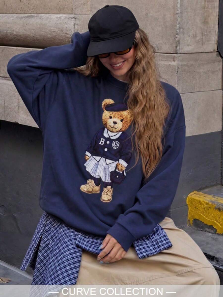 Plus Size Long Sleeve Teddy Bear Sweatshirt, College Style Design, Comfortable Crew Neck Pullover For Daily Wear - Navy Blue - View 1