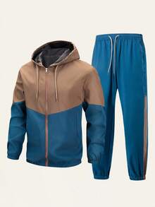 Men's Spring And Autumn Color-Block Hooded Jacket And Sports Set, Suitable For Street Wear, Sports Running, Camping, And Cycling, Twopiece Set - Navy Blue - View 7
