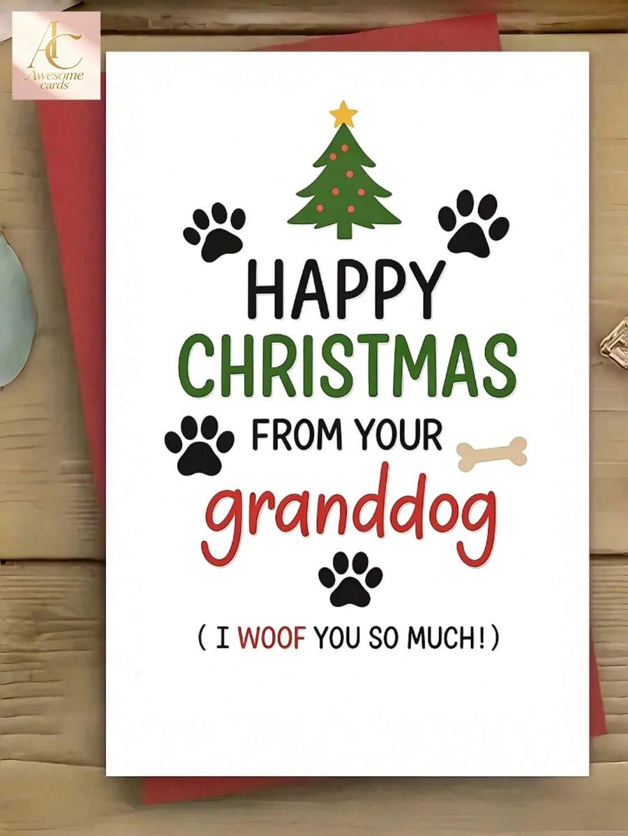 1pc Granddog Christmas Card With Paw Prints & Bone-Shaped 