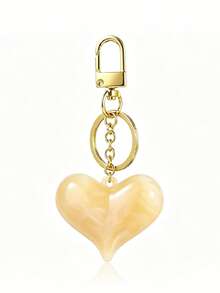 Vintage Amber Tortoise Shell Pattern Resin Heart-Shaped Keychain, Marial Brown Beaded Bag Charm - Multicolor - View 7