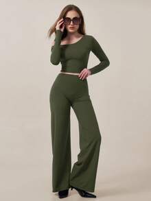 TimeOff Women's One Set Autumn/Winter Pure Elastic Color Asymmetrical Shoulder Slim Fit Soft Skin-Friendly Top And High-Waist Wide-Leg Pants - Olive Green - View 8