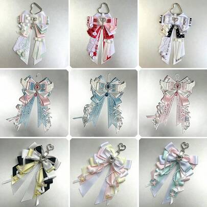 1 pieza Encantador de bolso con lazo de satén con forma de corazón y pedrería, accesorio para bolso Ita de anime, cosplay, concierto, convención y Lolita, hecho a mano con cinta larga a juego con insignia, encaje, alas, perlas, estrella y lunares de satén