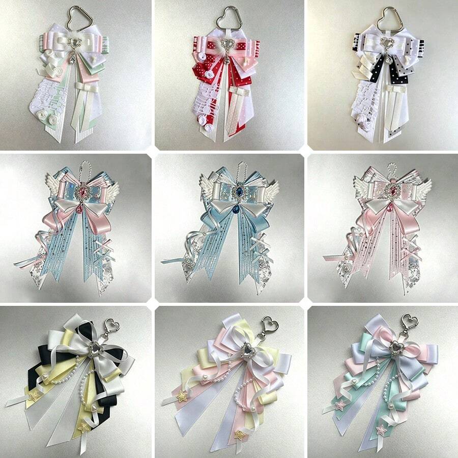 1pc Satin Ribbon Heart Rhinestone Bow Bag Charm, Anime Cosplay Concert Convention Lolita Ita Bag Accessory, Badge Matching Handmade Long Ribbon Lace Wings Pearl Star Polka Dot Satin Ribbon Decoration Accessory - A - View 1