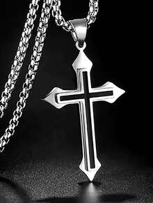 1pc Men's 304 Stainless Steel Black Enamel Cross Pendant Necklace, Gothic Punk Street Style Chain, Religious Style Daily Wear And Party Decoration Body Jewelry - Silver - View 2