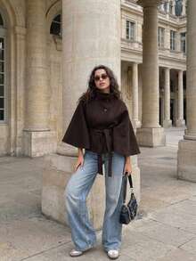Women's Elegant Vintage Solid Color Fashion Commute Date Tea Party Slim Fit Tie-Up Bell Sleeve Cape Shawl Overcoat - Coffee Brown - View 7