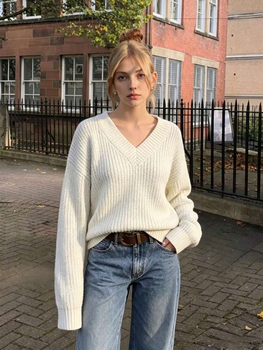 Ribbed Knit V Neck Sweater, Regular Fit Long Sleeve Pullover, Soft Beige Women's Top For Fall Winter Outfits, Elegant Casual Everyday Wear - Apricot - View 1
