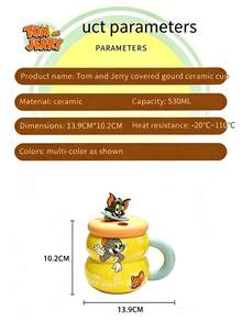 TOM AND JERRY. Cute Cartoon Gourd-Shaped Ceramic Coffee Mug With Lid, Gourd-Shaped Ceramic Cup With Lid, Home And Office Water Cup Gift - Multicolor - View 3