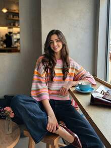 Women's New Autumn Colorblock Striped Knit Top, Casual Daily Commute College Style - Pink and Orange - View 5