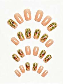 24pcs Medium Glossy Pine Cone Pattern Green Leaf Fake Nails, Removable & Reusable Press-On Nail Tips, Ready-To-Wear Manicure Stickers In Box, Convenient For Travel, Parties, Events And Outings - Green - View 5