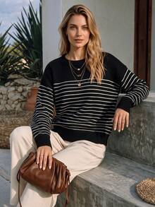 NiceArt Women's Black & White Striped Drop Shoulder Knit Sweater, Autumn/Winter Vintage Basic Loose Fit, Autumn Outfit, Renaissance Style, Halloween - Black and White - View 10