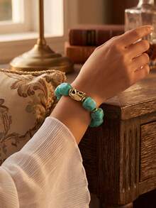 3/1pc Fashion Old Money Style Exaggerated Geometric Asymmetrical Beaded Bracelet Set For Women, Sisters, Vacation, Date, Gift, Daily Casual, Party, Wedding, Matching, Mom, Friend (Color Difference May Occur) - Turquoise - View 4