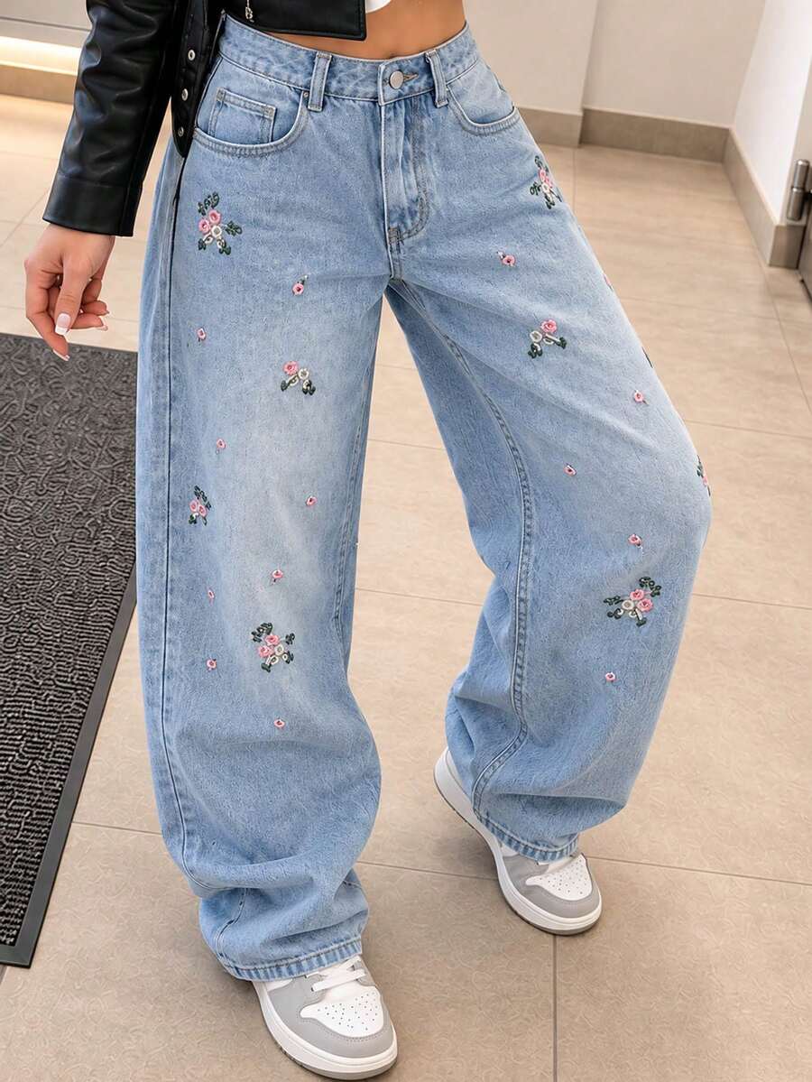 Women Light Blue Wide Leg Jeans Floral Embroidery High Waisted Straight Loose Fit Denim Pants Casual Everyday Streetwear Fall Clothes For Women - Light Blue - View 1