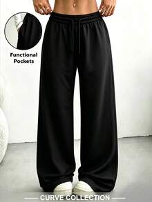 Women's Plus Size Basic Black Loose Cuffed Joggers, Drawstring Waist, Wide Leg Casual Pants - Black - View 6