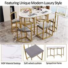 Flieks Six-Chair Dining Table Set: (White Table, Chairs With Backrests And Gray Cushions, Black Iron Frame), Dining Room Table And Chair Set, Modern Dining Table Combination - Gold - View 3