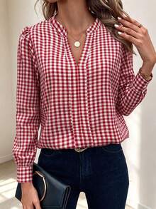 Classic Red And White Plaid Women's Shirt, Long Puff Sleeve V-Neck Top, Versatile Autumn Essential - Red Plaid - View 4