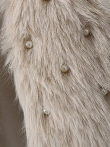 Girls Solid Color Pearl Decor Faux Fur Plush Cardigan Jacket, Autumn/Winter Young Girl Round Neck Thickened Fuzzy Top - Beige - View 7