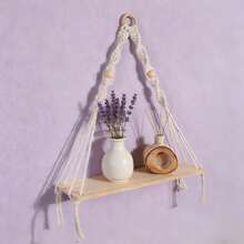 1pc Bohemian Style Macrame Wall Hanging With Wooden Board And Tassels, Handmade Woven Minimalist Shelf Wall Decor - Without Plants And Accessories - Beige - View 10