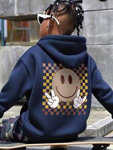 1pc Tween Boy Casual Printed Pullover Sweatshirt, Thermal Lined, Long Sleeve, Autumn/Winter - Navy Blue - View 1