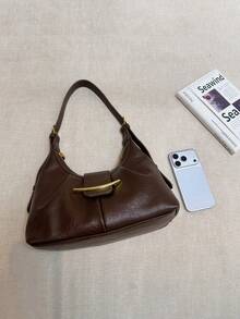 Fashionable Elegant Metal Buckle Decor Women's Shoulder Bag, High-End Minimalist Adjustable Strap Shoulder Bag/Crossbody Bag - Coffee Brown - View 9