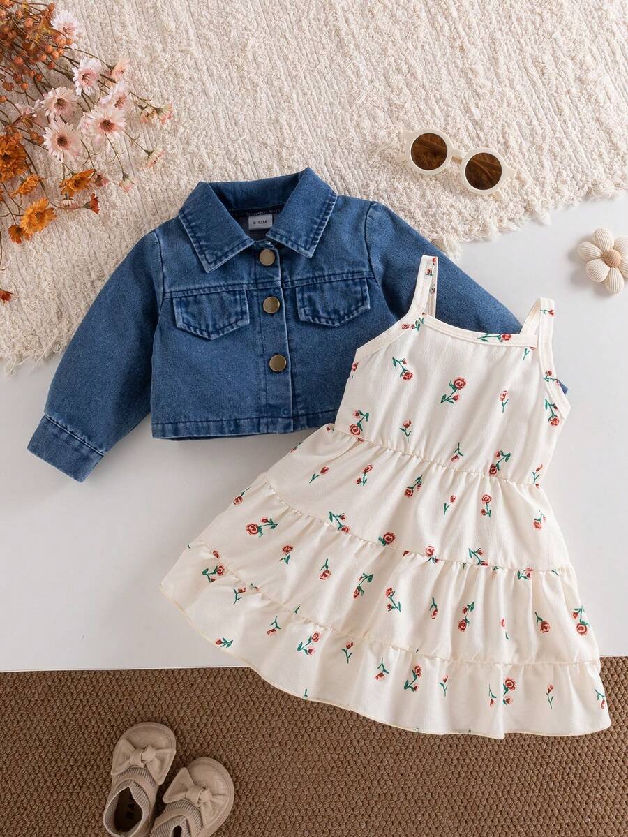 2pcs/Set Baby Girl Sweet Ditsy Floral Ruffle Cake Strap Dress With Blue Washed Long Sleeve Short Jacket, Casual Photo Outing Outfit, Autumn - Medium Wash - View 1