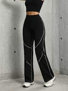 Hidkat Women's Fashion Solid Color High Waist Elastic Yoga Casual Sports Knit Long Pants - Black - View 3