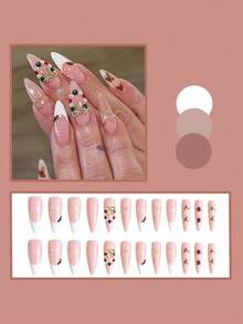 Christmas Long Pointed Fake Nails With Snowflake, French Bow And Wreath Design Wearable Nail Tips - Multicolor - View 3