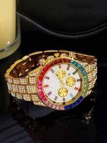 2pcs/Set Hip Hop Cuban Men's Business Watch Set, Cubic Zirconia, Holiday Gift, Daily Wear - Gold - View 4