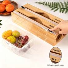 1pc Bamboo Cling Film Storage Box, Aluminum Foil & Cling Film Storage Box, Dual Compartment Cling Film Cutter, Natural Color Rectangular, For Kitchen Cutting Cling Film & Aluminum Foil, Back To School Supplies - Khaki - View 3