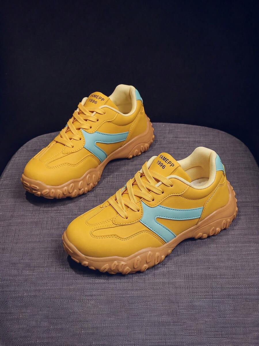 Women's Retro Casual Sports Shoes, Yellow & Blue Colorblock Leather Patchwork With V-Shaped Decor, Versatile Comfortable Chunky Sneakers For Commuting And Travel - Yellow - View 1