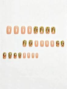 24pcs Medium Glossy Pine Cone Pattern Green Leaf Fake Nails, Removable & Reusable Press-On Nail Tips, Ready-To-Wear Manicure Stickers In Box, Convenient For Travel, Parties, Events And Outings - Green - View 4