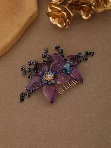 Elegant Purple Floral Hair Comb With Beaded Crystal Rhinestones, Handmade Mesh Flower Side Comb Bridal Hair Accessory For Wedding, Prom, Party, Evening Banquet, Bridesmaid - Multicolor - View 7