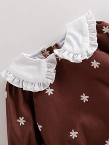 1pc Baby Girl Sweet Floral Print Ruffle Peter Pan Collar Long Sleeve Ribbed Bodysuit, Suitable For Spring Daily Casual Wear - Brown - View 4