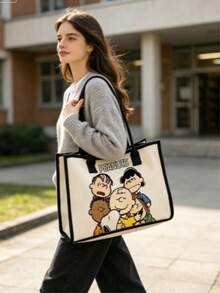 1pc Snoopy Peanuts Cartoon Character Pattern Canvas Tote Bag, Black Trim Large Handle Shoulder Bag, Casual Daily Shopping Handbag, Suitable As Christmas Gift Bag - Multicolor - View 6