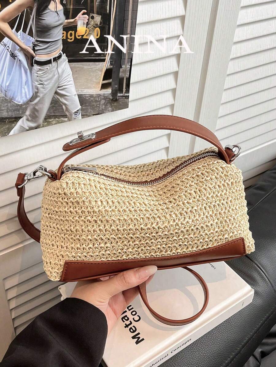 Fashionable Diagonal Shoulder Bag, Versatile Square Patchwork Straw Woven Handbag, Casual Tote Bag, Retro Summer Chic Purse